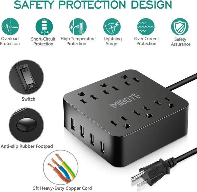 Alt view image 2 of 6 - Power Strip with USB, MIBOTE 6 AC Outlet with 4 Port USB Surge Protector Power Strip Charger 5ft Power Cord 1875W 100-240V for Travel, TV, Computer, Transformers, Power Bank