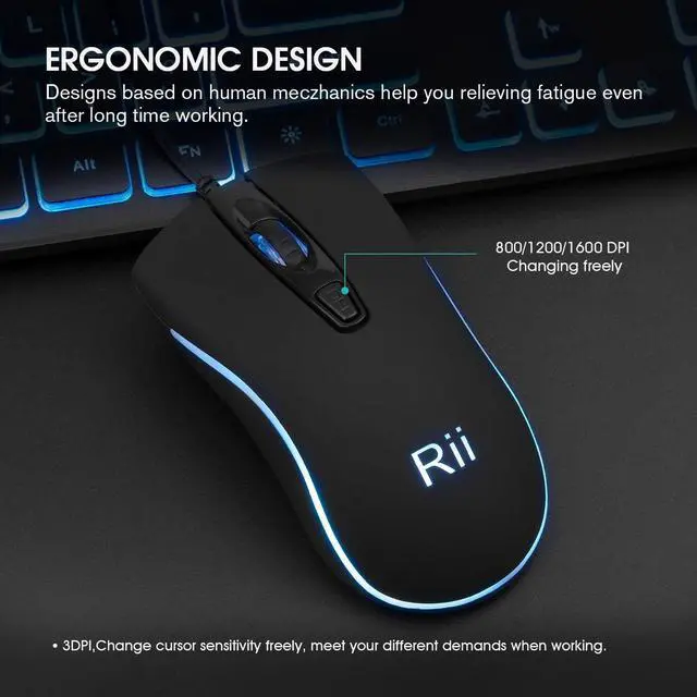Alt view image 3 of 7 - Rii RGB Keyboard and Mouse RK105, Wired Keyboard and Mouse Combo, USB Keyboard and Mouse Set,Quiet Input Gaming Keyboard,Optical RGB Mouse for School,Office,Business and Gaming