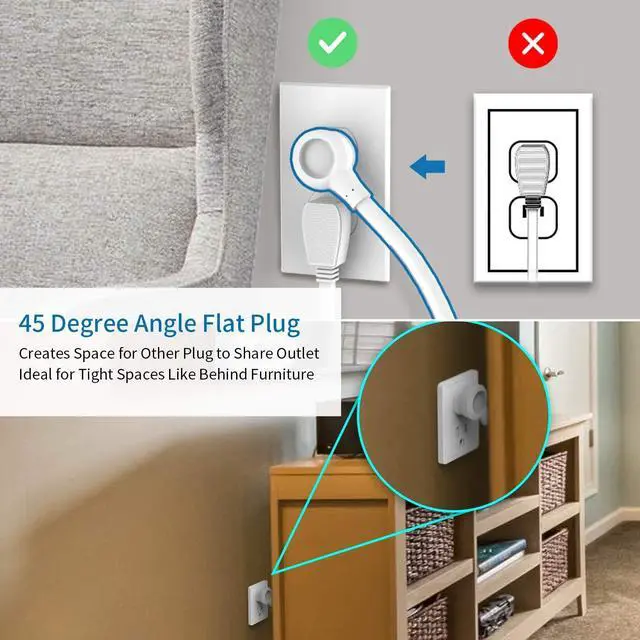 Alt view image 5 of 7 - Flat Plug Power Strip with USB Ports, NTONPOWER Nightstand Desktop Charging Station with 5ft Short Extension Cord, Wall Mount, Small Size for Dorm Room Nightstand Office, Travel, White