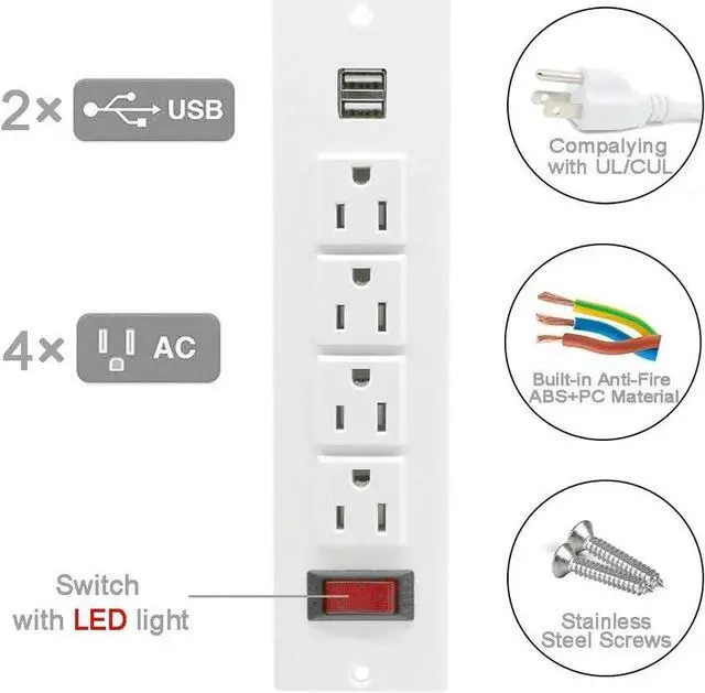 Alt view image 3 of 4 - Recessed Power Strip Socket with USB Ports Mountable Desk Power Outlet Desktop Power Strip 4 AC Outlets 2 USB Ports for Conference Cabinet Sofa Countertop UL Listed