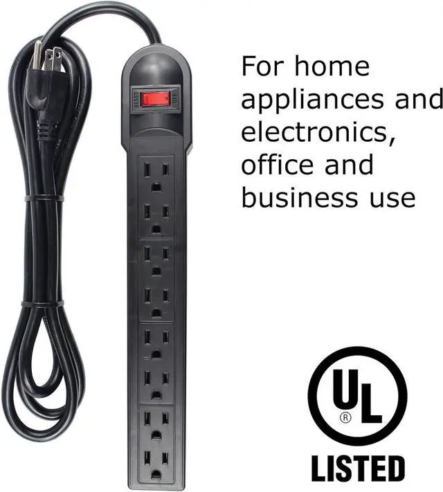 Alt view image 3 of 7 - 8 Port Power Strip Surge Protector, 6 Feet Cord with Lit Switch, for Home Office School Shop Garage, Wall Mountable,750J 15A 125V 1875W, 14AWG, UL Listed, Black