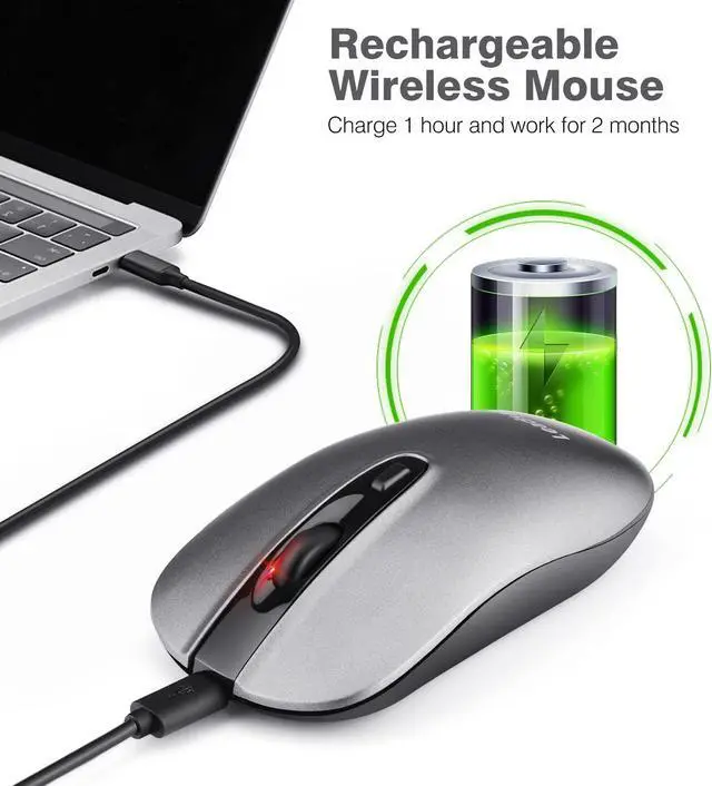 Alt view image 2 of 6 - LeadsaiL Rechargeable Wireless Computer Mouse, 2.4G Portable Slim Cordless Mouse Less Noise for Laptop Optical Mouse with 5 Adjustable DPI Levels USB Mouse for Laptop, Deskbtop, MacBook