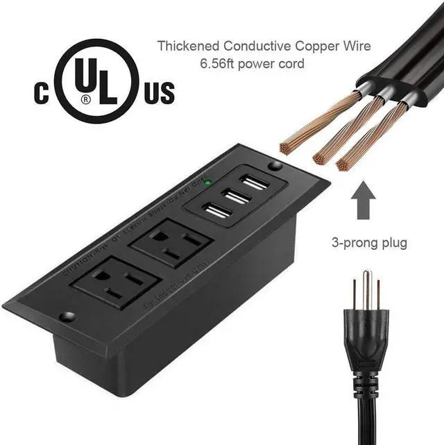 Alt view image 2 of 7 - Conference Recessed Power Strip Socket with USB Ports,Table Power Strip,Desktop Charging Station with 2-Outlets and 3 USB Ports(Max 3.5A)