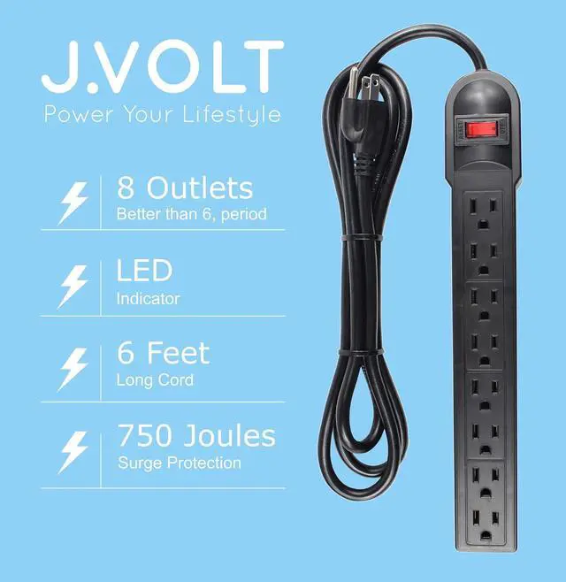 Alt view image 2 of 7 - 8 Port Power Strip Surge Protector, 6 Feet Cord with Lit Switch, for Home Office School Shop Garage, Wall Mountable,750J 15A 125V 1875W, 14AWG, UL Listed, Black