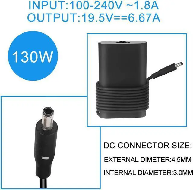 Alt view image 3 of 7 - 130W Tip 4.5mm Laptop AC Adapter Charger Power Supply Fit for Dell XPS 15 9530 9550 9560 / Precision M3800 M2800 5510 5520 RN7NW DA130PM13Z Inspiron 7347 7348 7459 DA130PM130 HA130PM130 06TTY6