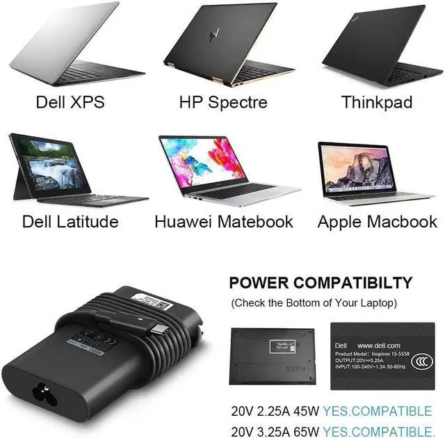 Alt view image 7 of 7 - USB-C Laptop Charger 65W 45W for Dell XPS 12 9250 XPS 13 9350 9360 9365 9370 9380, Latitude 7370 7280 7480 5480 7275 5290 7490 LA65NM170 2YKOF with Type c(USB-C/USBC) Tip AC Adapter Power Supply