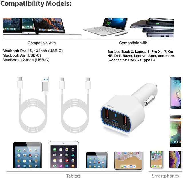 Alt view image 2 of 7 - BatPower CPD2 High Power Delivery 120W USB-C Laptop Car Charger Compatible with New MacBook Pro Air USB C Laptop HP Dell Razer Surface Vehicle Charger DC 12v-24v auto Power Supply with Dual USB QC3.0