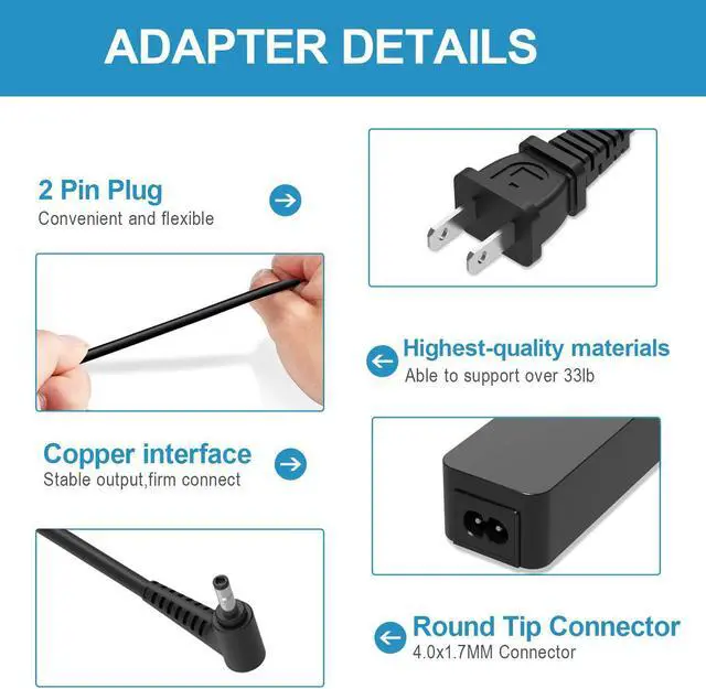 Alt view image 2 of 5 - 45W Charger Fit for Lenovo Chromebook N23 N42-20 N22-20 Touch, 100e 300e 500e Winbook Laptop Series Round Tip UL Listed AC Adapter Power Supply Cord