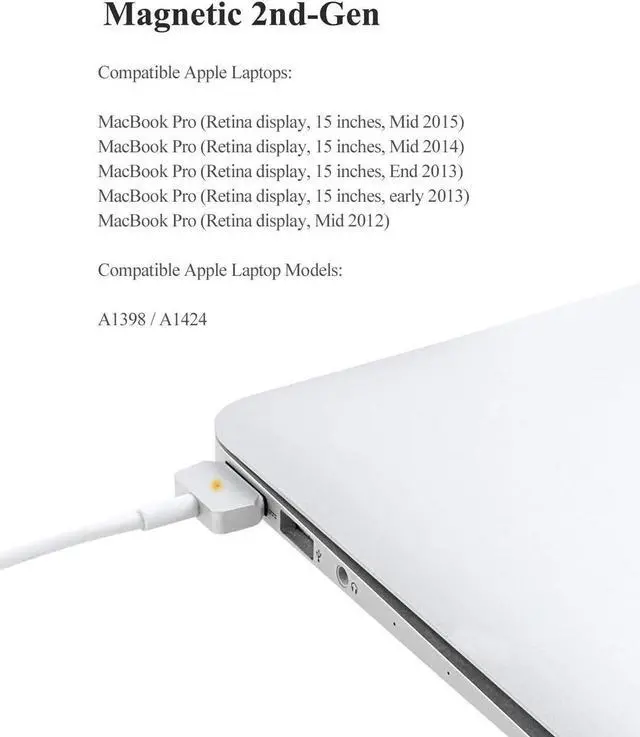 Alt view image 4 of 7 - Wakeach 85W Mini Charger for Macbook Pro Retina 15 inch ( Mid 2012-Mid 2015) T-tip Magnetic Magsafe 2 Power Supply Adapter mbp A1398 A1424 Charger Portable Travel Wall Laptop Charger