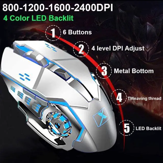 Alt view image 6 of 7 - Wireless Keyboard and Mouse, Blue LED Backlit Rechargeable Keyboard with 3800mAh Battery, Metal Panel, Removable Hand Rest Mechanical Feel, 7 Color Gaming Mute Mouse for PC Gamers