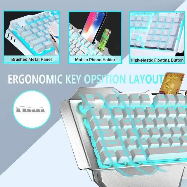 Alt view image 4 of 7 - Wireless Keyboard and Mouse, Blue LED Backlit Rechargeable Keyboard with 3800mAh Battery, Metal Panel, Removable Hand Rest Mechanical Feel, 7 Color Gaming Mute Mouse for PC Gamers