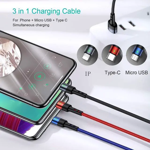 Alt view image 2 of 7 - Multi USB Cable 1ft 2Pack Short 3 in 1 Charging Cable Nylon Braided Adapter with Type-C Micro USB Port Connectors for Cell Phones and More