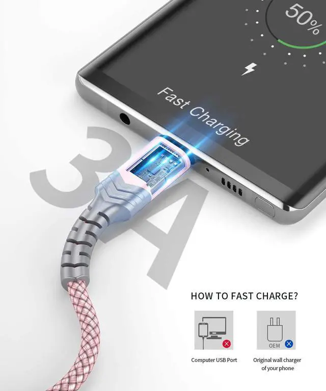 Alt view image 3 of 7 - USB-C Cable 3A Fast Charging JSAUX 3-Pack (10ft+6.6ft+3.3ft)USB A to Type C Charge Nylon Braided Cord Compatible with Samsung Galaxy S20 S10 S9 S8 Plus Note 10PS5 ControllerUSB C Charger(Rose Gold)
