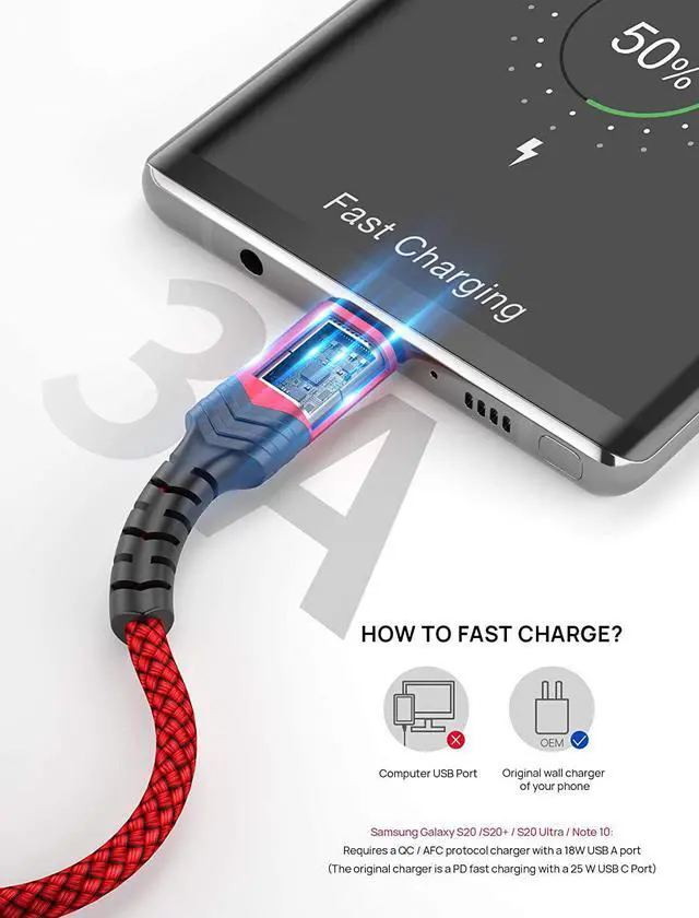 Alt view image 3 of 7 - USB Type C Cable 3A Fast Charging [2-Pack 10ft] USB-A to USB-C Charge Braided Cord Compatible with Samsung Galaxy S10 S9 S8 S20 Plus A51 A11 Note 10 9 8 PS5 Controller USB C Charger-Red