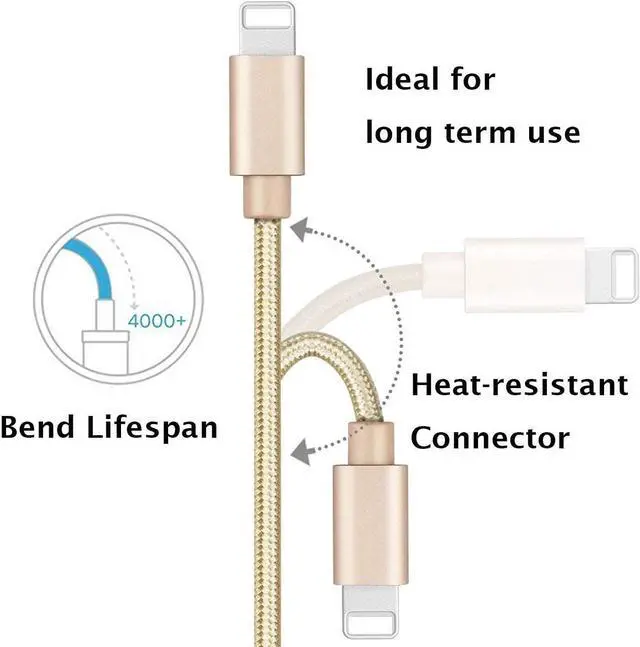Alt view image 2 of 5 - Compatible Phone Cable [2Pack] 2FT Nylon Braided Fast Charging USB Cord Replcement for Phone X 8 8 Plus 7 7 Plus 6s 6s Plus 6 6 Plus 5 5S 5C SE Pad Air Mini and More (2 Pack Gold 2 FT)