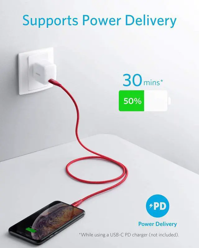 Alt view image 2 of 7 - USB C to Lightning Cable [3ft MFi Certified] Powerline+ II Nylon Braided Cable for iPhone 13 13 Pro 12 Pro Max 12 11 X XS XR 8 Plus  Supports Power Delivery (RED)
