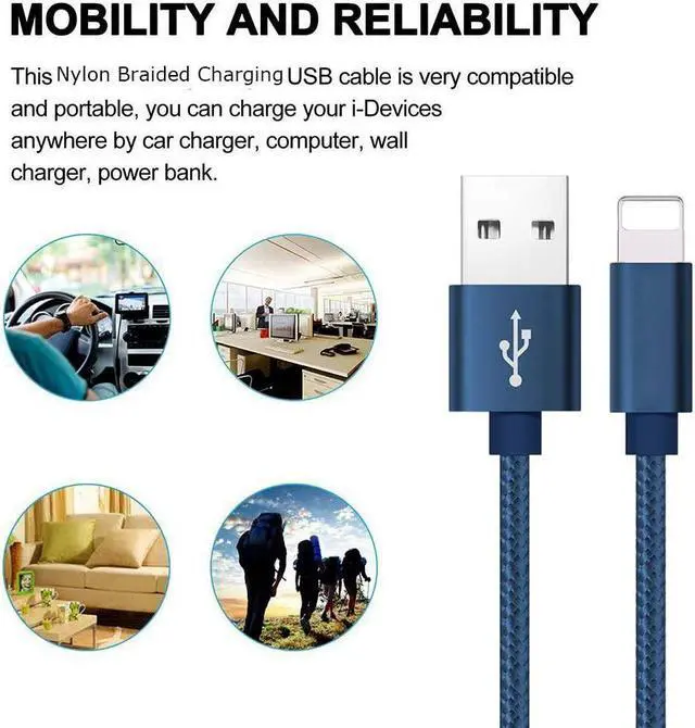 Alt view image 6 of 6 - Phone Charger Cable [2Pack 2 Feet] Nylon Braided Fast Charging USB Cord 0.6M Compatible Phone X 8 8 Plus 7 7 Plus 6s 6s Plus 6 6 Plus 5 5S 5C SE Air Mini and Car Display (Blue)