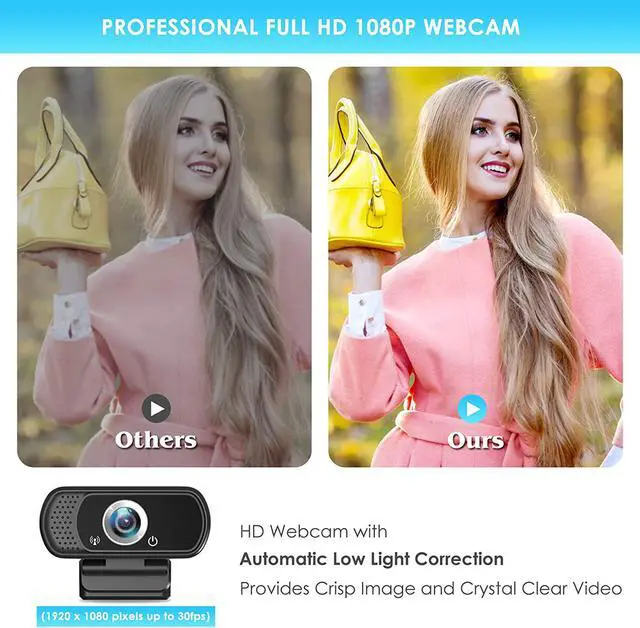 Alt view image 3 of 7 - Full HD 1080P Webcam with Privacy Shutter and Tripod, Pro Streaming Web Camera with Microphone, Widescreen USB Computer Camera for Laptop Desktop