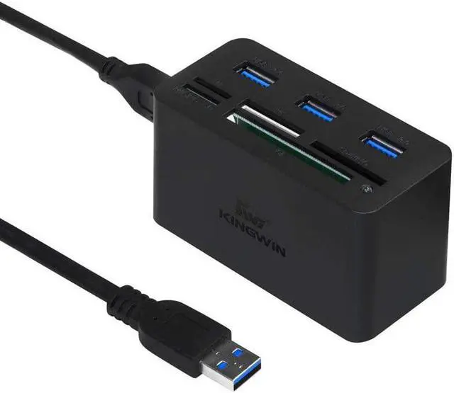 Main image of Kingwin USB HUB Adapter w/ Memory Card Reader Writer & USB 3.0 HUB Combo - Supports High Speed SD MS Micro M2 CF Card Reader For Macbook, Laptop, Desktop - Includes USB Cable 5 Gbps Speed, Black