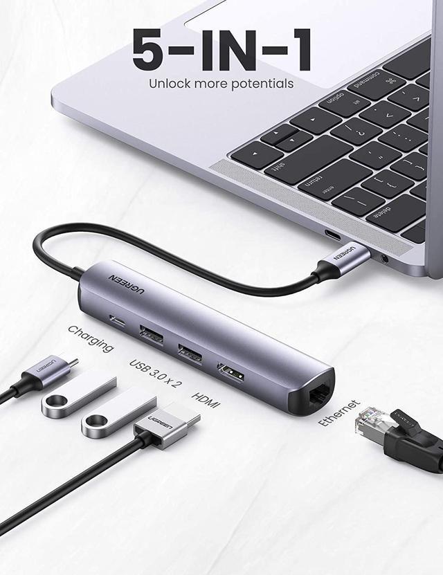 UGREEN USB C Hub 60Hz, 5-in-1 Gigabit USB C to Ethernet Adapter with 4K  HDMI, 100W Power Delivery, 2 USB 3.0, Compatible with MacBook, iPad Pro,  Dell, HP, Surface, Chromebook Mac Mini