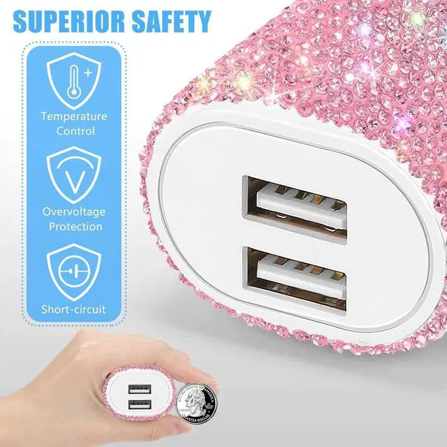Alt view image 5 of 7 - Bling USB Wall Charger with Charging Cable,Fast Block for iPhone Android,3-in-1 Multi Charger Cable Micro USB Type C Multiple USB Cord with Crystal Decor,Cell Phone Accessories for Women,Girls (Pink)