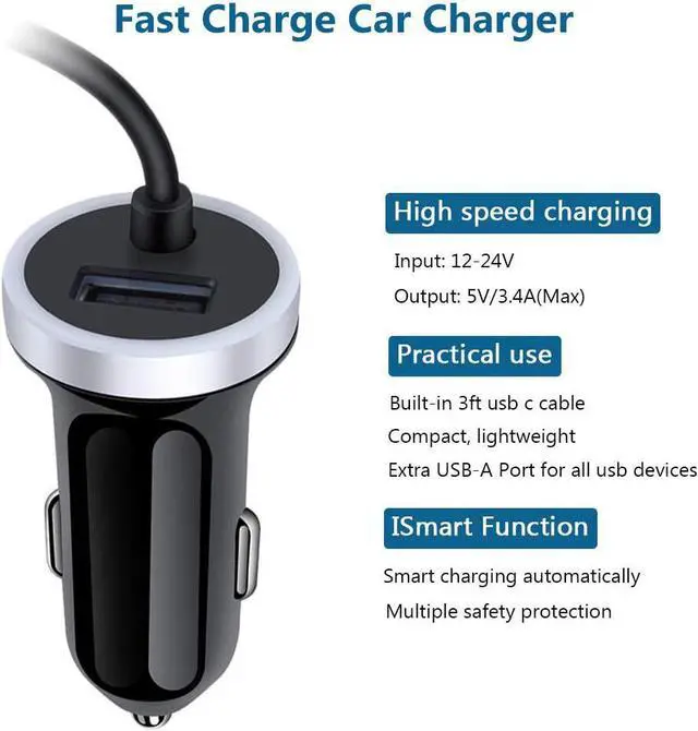 Alt view image 2 of 7 - Fast Car Charger for Samsung Galaxy S25 S24 S23 S22 S21 S20 Note 20 S10 S9 S8 A16 A25 A35 A54 A14 A53 A13 Z Fold 6 5 4 Z Flip 6 5 4,3.4A USB C Car Adapter with Built-in 3ft Type C Fast Charging Cable