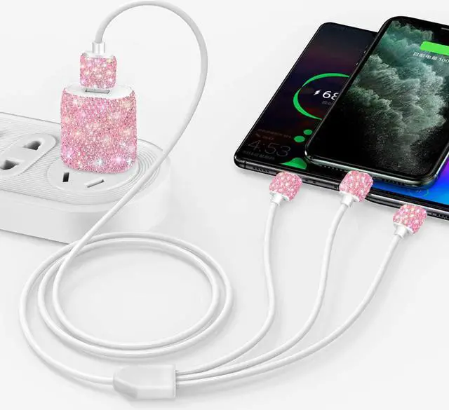 Alt view image 3 of 7 - Bling USB Wall Charger with Charging Cable,Fast Block for iPhone Android,3-in-1 Multi Charger Cable Micro USB Type C Multiple USB Cord with Crystal Decor,Cell Phone Accessories for Women,Girls (Pink)