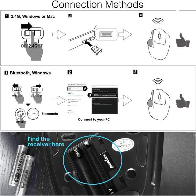 Alt view image 5 of 7 - Perixx PERIMICE-720, Wireless Ergonomic Trackball Mouse with Adjustable Angle, Black (11449)