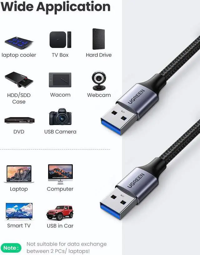 Alt view image 2 of 7 - UGREEN USB 3.0 A to A Cable USB to USB Cable Type A Male to Male USB 3.0 Cable Nylon Braided Cord for Data Transfer Hard Drive Enclosures Printers Modems Cameras 1.5 FT