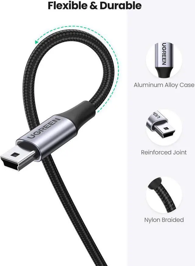 Alt view image 4 of 7 - UGREEN Mini USB Cable, 2 Pack (10 FT +10 FT) USB 2.0 Cable Nylon Braided USB Mini B Charging Cord Compatible with GoPro Hero 3+, PS3 Controller, Digital Camer, Dash Cam, MP3 Player, Garmin Nuvi GPS