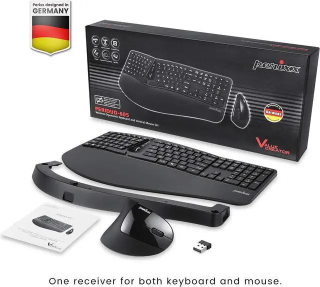 Alt view image 7 of 7 - Perixx Periduo-605, Wireless Ergonomic Split Keyboard and Vertical Mouse Combo, Adjustable Palm Rest and Membrane Low Profile Keys, Black, US English Layout (11633)