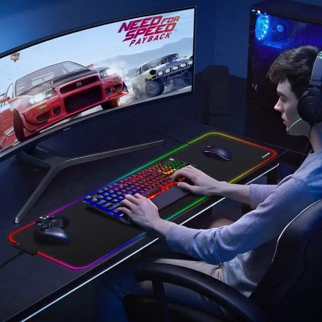 Alt view image 7 of 7 - LeadsaiL RGB Gaming Mouse Pad, 15 Light Modes LED Soft Extra Extended Large Mousepad, Non-Slip Rubber Base Computer Keyboard Mouse Mat with Durable Stitched Edges- 31.5 X 12 Inch (RGB Black)