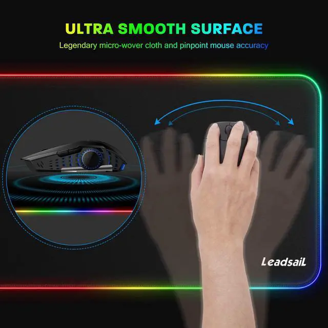 Alt view image 6 of 7 - LeadsaiL RGB Gaming Mouse Pad, 15 Light Modes LED Soft Extra Extended Large Mousepad, Non-Slip Rubber Base Computer Keyboard Mouse Mat with Durable Stitched Edges- 31.5 X 12 Inch (RGB Black)