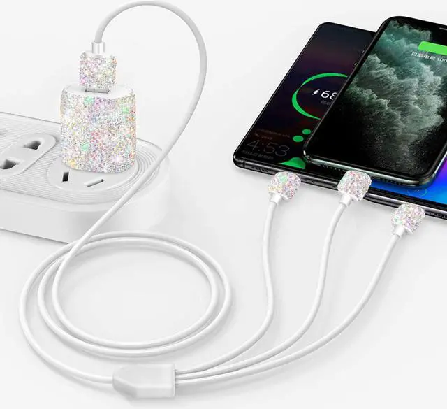 Alt view image 3 of 7 - Bling USB Wall Charger with Charging Cable,Fast Block for iPhone Android,3-in-1 Multi Charger Cable Micro USB Type C Multiple USB Cord with Crystal,Cell Phone Accessories for Women,Girls (Multicolor)