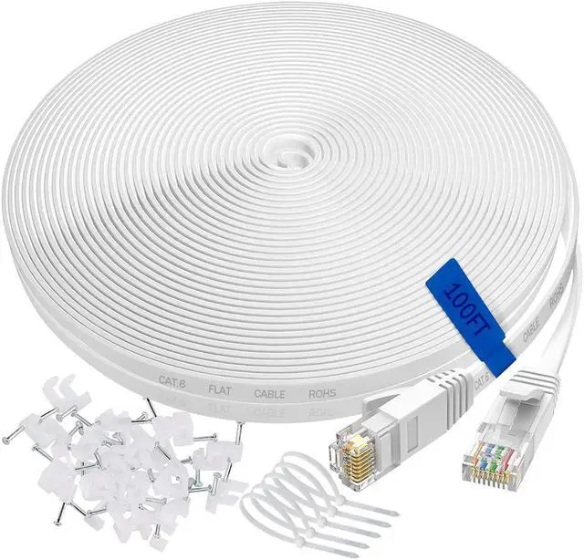Main image of Ethernet Cable 100 ft Cat 6 Ethernet Cable 100 ft udaton Long Flat Ethernet Cable 100+ft Faster Than Cat5 Cat 6e Internet Network Cable with Rj45 Computer LAN Cable-White(Free Cable Clips and Straps)