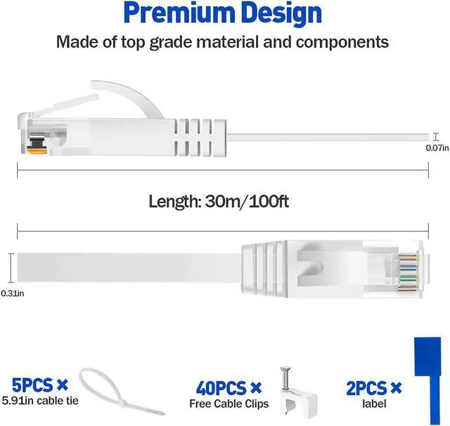 Alt view image 5 of 7 - Ethernet Cable 100 ft Cat 6 Ethernet Cable 100 ft udaton Long Flat Ethernet Cable 100+ft Faster Than Cat5 Cat 6e Internet Network Cable with Rj45 Computer LAN Cable-White(Free Cable Clips and Straps)