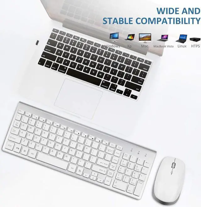 Alt view image 6 of 7 - Keyboard and Mouse Wireless, USB 2.4GHz Combo Silent Quiet Low Profile Compact Full Size Flat Slim Thin Portable with Number Pad Soft Cover for PC Laptop Computer Office - White & Silver