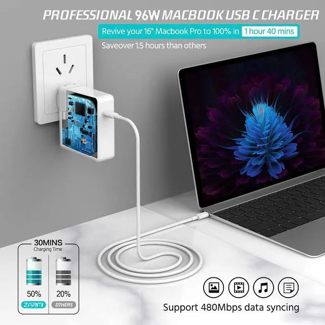 Alt view image 2 of 7 - 96W USB C Power Adapter Compatible with 16, 15, 13 Inch 2020 2019 2018, Thunderbolt 3 Laptop Power Supply, Included 6.6ft USB-C to USB-C Cable