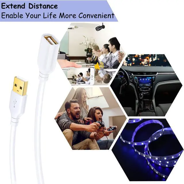 Alt view image 4 of 7 - USB Extension Cable White 2-Pack 2.0 6ft/2m USB Type A Male to A Female Extension Cord White USB Cable Extender with Gold-Plated Connectors