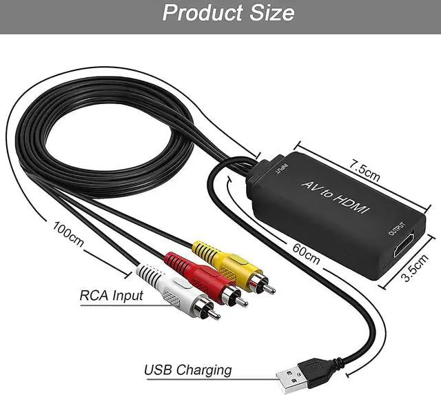 Alt view image 2 of 6 - RCA to HDMI 1080P RCA Composite CVBS AV to HDMI Video Audio Converter Adapter with USB Charge Cable Compatible with PC Laptop Xbox PS4 PS3 TV STB VHS VCR Camera DVD