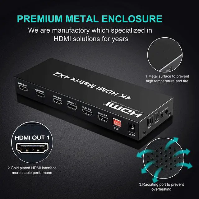 Alt view image 3 of 6 - FERRISA 4x2 HDMI Matrix Switch,4 in 2 Out Matrix HDMI Video Switcher Splitter +Optical & L/R Audio Output,Support Ultra HD 4K,3D 1080P,Audio EDID Extractor with IR Remote Control