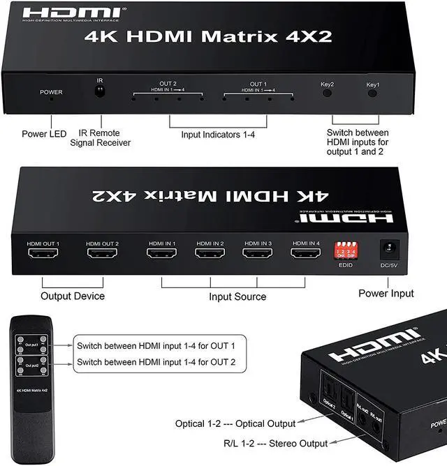 Alt view image 5 of 6 - FERRISA 4x2 HDMI Matrix Switch,4 in 2 Out Matrix HDMI Video Switcher Splitter +Optical & L/R Audio Output,Support Ultra HD 4K,3D 1080P,Audio EDID Extractor with IR Remote Control
