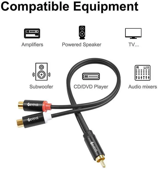 Alt view image 14 of 18 - RCA Y Cable 1 Male to 2 Female RCA Splitter subwoofer Splitter Adapter Gold Plated 10 inch