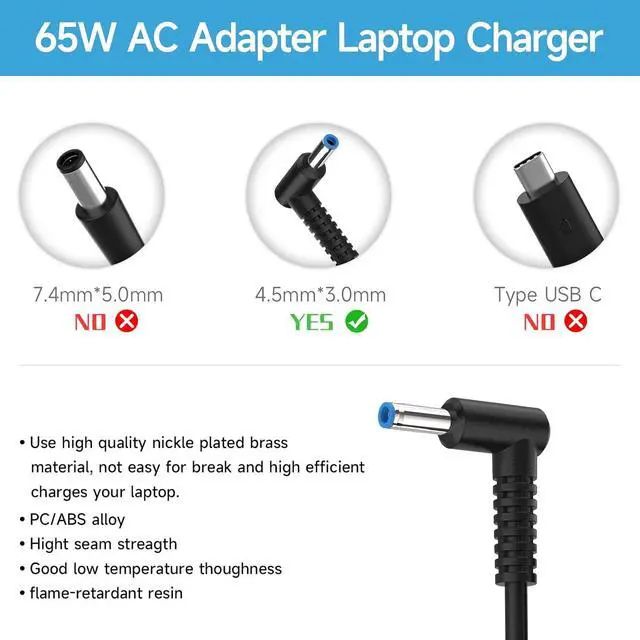 Alt view image 2 of 7 - HP 65W AC Adapter Laptop Charger Replacement for HP EliteBook 840 830 850 820 745 G3 G4 G5 G6, HP Pavilion x360 15 13,HP Notebook 14 15, HP Envy X360 15 17 13 15-w117cl 17m-bw0013dx Power Supply Cord