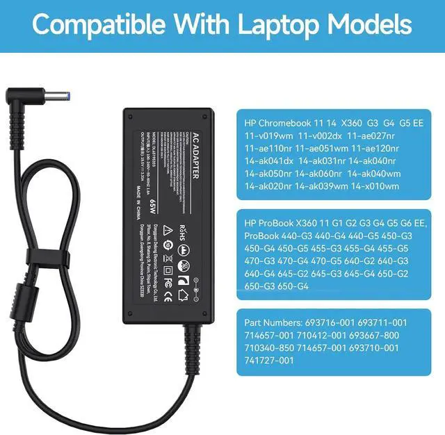 Alt view image 7 of 7 - HP 65W AC Adapter Laptop Charger Replacement for HP EliteBook 840 830 850 820 745 G3 G4 G5 G6, HP Pavilion x360 15 13,HP Notebook 14 15, HP Envy X360 15 17 13 15-w117cl 17m-bw0013dx Power Supply Cord