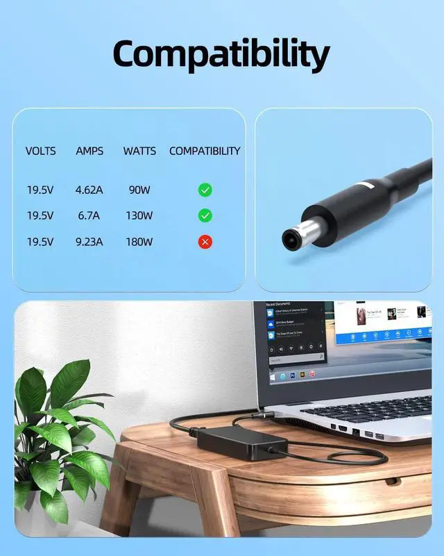 Alt view image 3 of 7 - 130W Charger Fit for Dell-XPS 15 7590 AIO, Vostro 7500 7590, Inspiron 7590 7591 7501 7790 5400 5401 5490 5491 Laptop AC Adapter Power Supply Cord