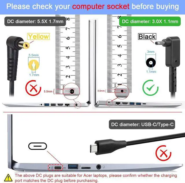 Alt view image 2 of 6 - 65W 19V 3.42A AC Power Adapter Charger for Acer Chromebook 11 13 14 15 R11 CB3-131-C3SZ C720-2103 CB5-571-C1DZ CB3-111-C670 Aspire One Cloudbook 11 14, Connector: 3.0mm * 1.1mm(Not Compatible Type C)