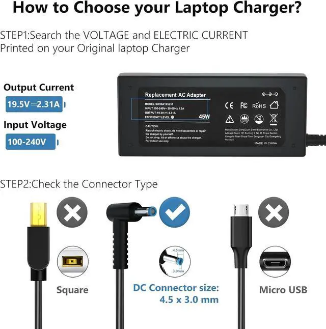 Alt view image 3 of 7 - Laptop Charger 45W Power Cord: Replacement for HP 14 15 15.6 17 Portable Students and Business Laptop Model 741727-001 AC Adapter - 45W 19.5V 2.31A for HP Pavilion/Stream Computer Power Supply