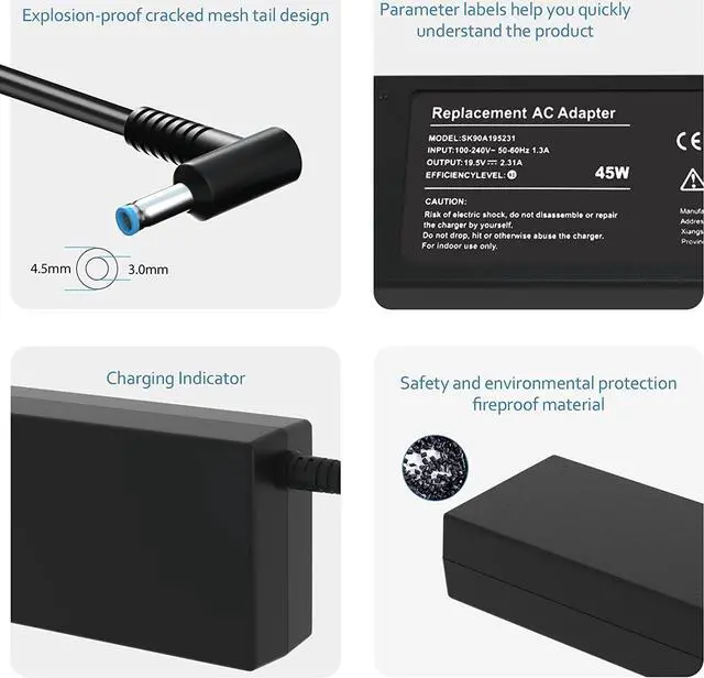 Alt view image 5 of 7 - Laptop Charger 45W Power Cord: Replacement for HP 14 15 15.6 17 Portable Students and Business Laptop Model 741727-001 AC Adapter - 45W 19.5V 2.31A for HP Pavilion/Stream Computer Power Supply