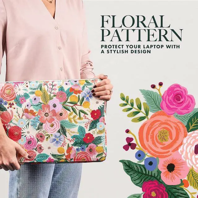 Alt view image 3 of 6 - Rifle Paper Co. Laptop Sleeve 17 - Laptop Carrying Case with Padded Exterior Satin Interior Metallic Zipper - Floral Laptop Bag For MacBook Pro/Air M2 13 inch HP Asus Dell - Garden Party Blush
